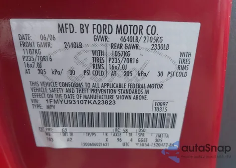 2007 Ford Escape Xlt/Xlt Sport z USA, uszkodzony, nr VIN 1FMYU93107KA23823